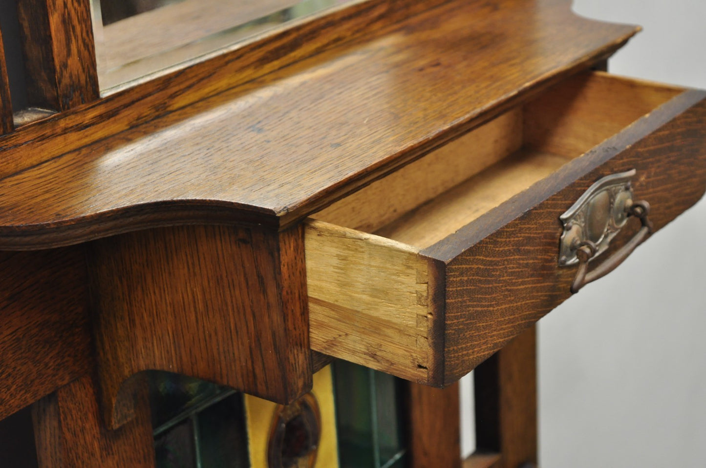 Antique English Art Nouveau Oak & Green Tile Coat Rack Umbrella Stand Hall Tree