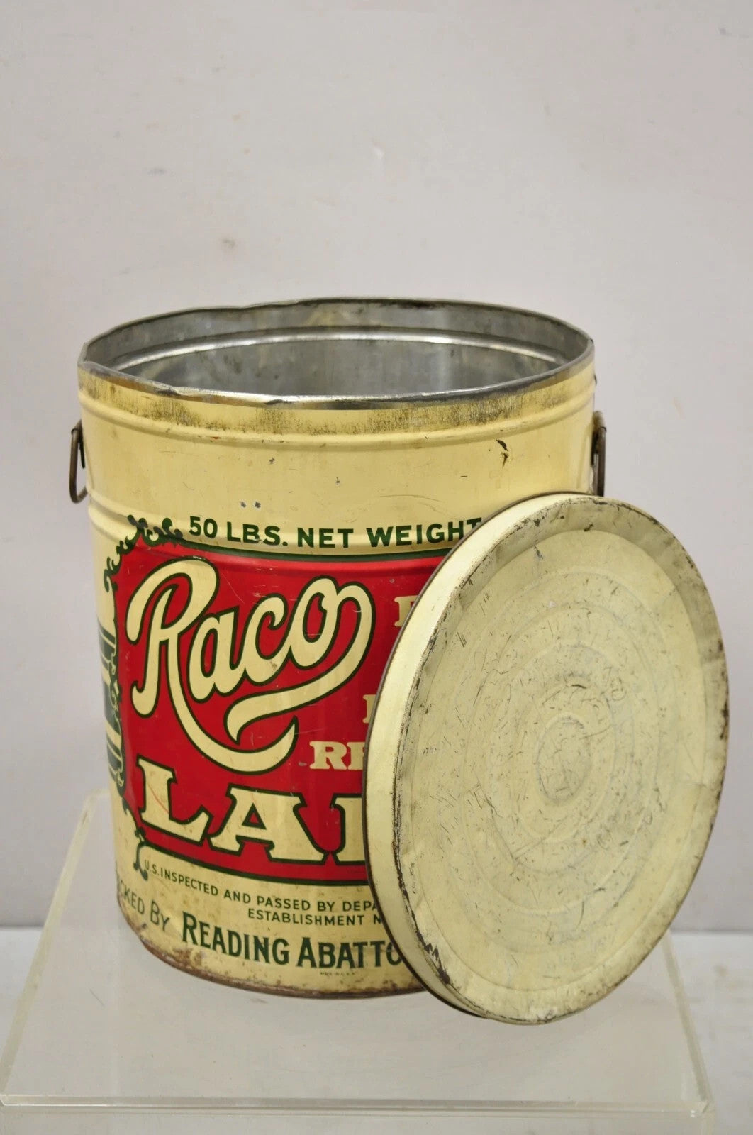 Vintage Raco 25 lbs. Advertising Lard Tin Metal Can Reading PA Twin Handles