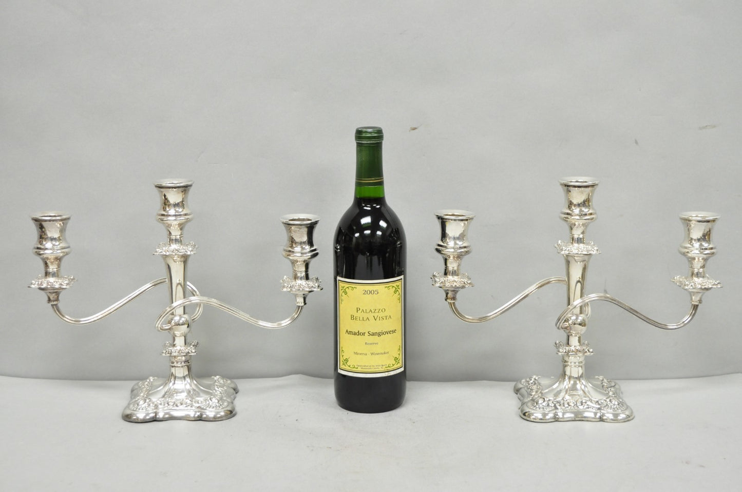 Antique E.G. Webster Victorian Silver Plated Scrolling 3 Arm Candelabra - a Pair
