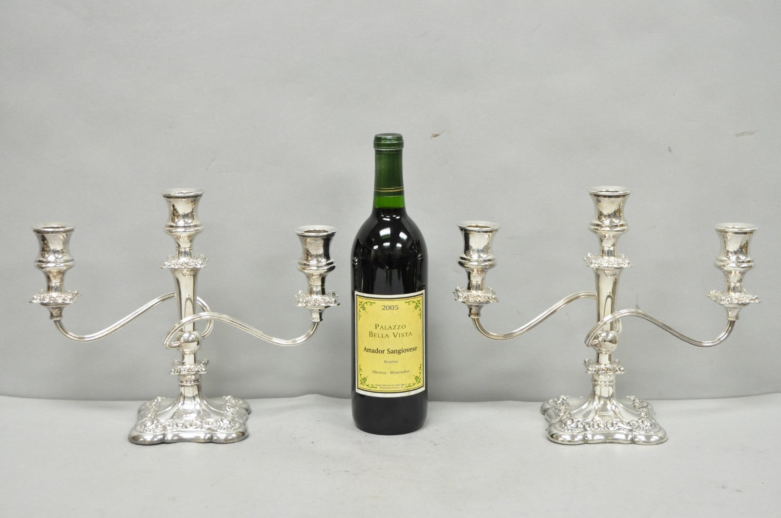 Antique E.G. Webster Victorian Silver Plated Scrolling 3 Arm Candelabra - a Pair