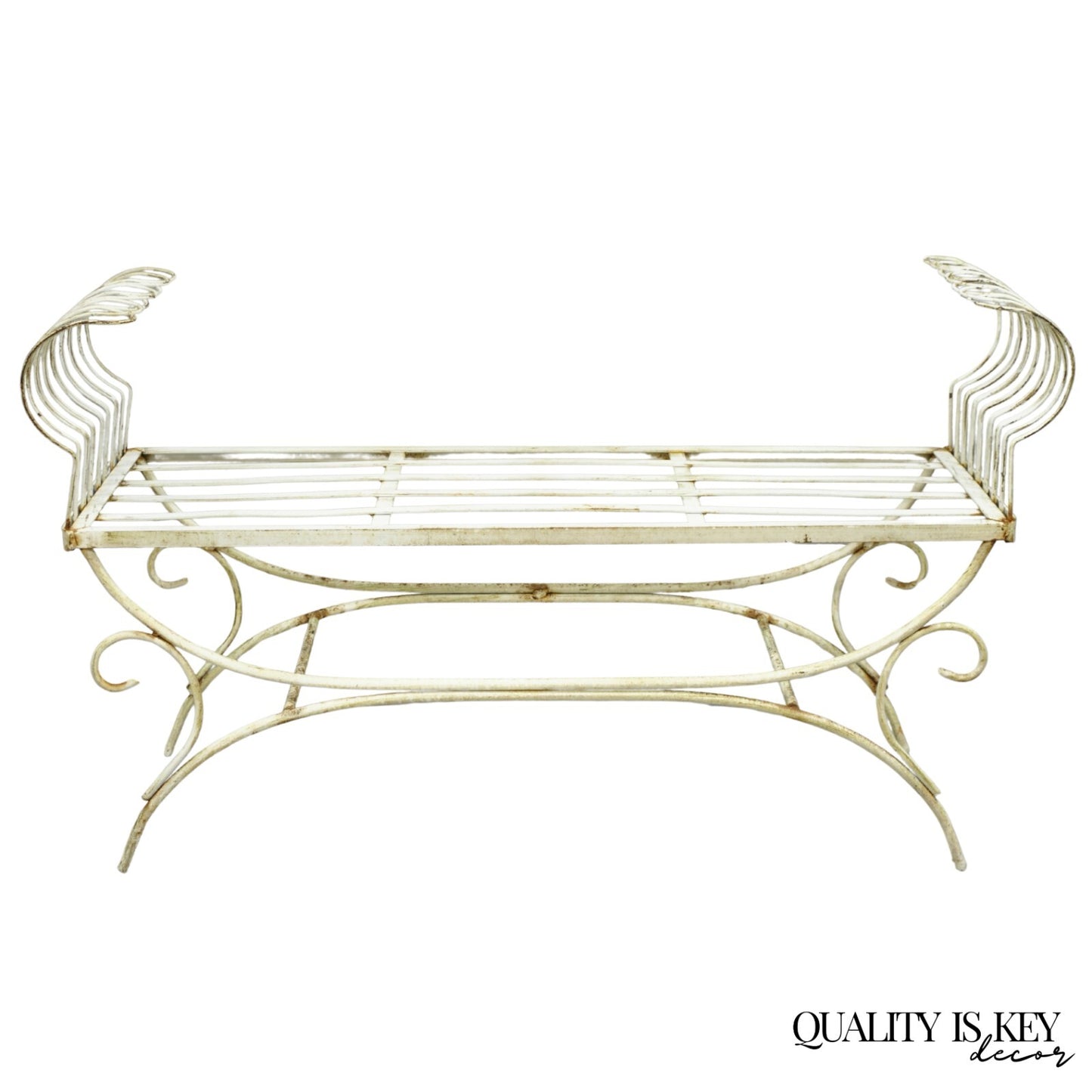 Vintage Hollywood Regency White Wrought Iron Curule X Frame Window Bench
