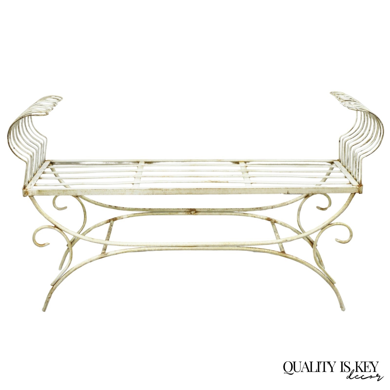 Vintage Hollywood Regency White Wrought Iron Curule X Frame Window Bench