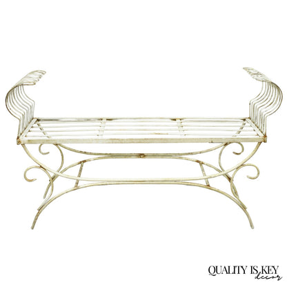 Vintage Hollywood Regency White Wrought Iron Curule X Frame Window Bench