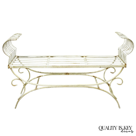 Vintage Hollywood Regency White Wrought Iron Curule X Frame Window Bench