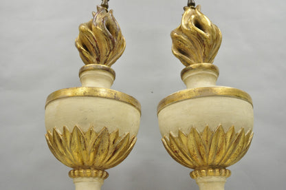 Vintage Italian Hollywood Regency Carved Wood "Burning Flame" Table Lamps - Pair