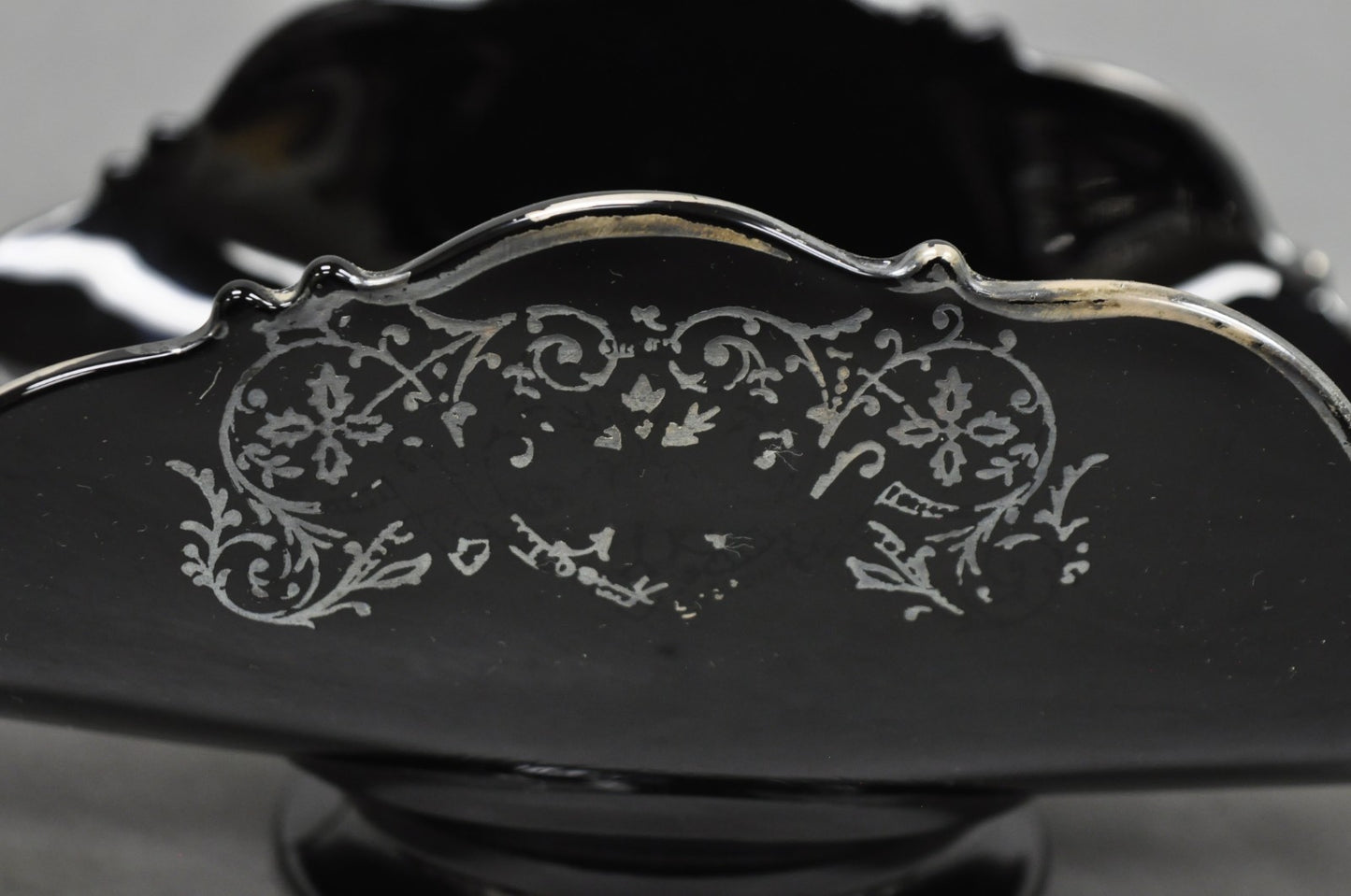 Vintage Rockwell Black Amethyst Glass Sterling Silver Overlay Centerpiece Dish