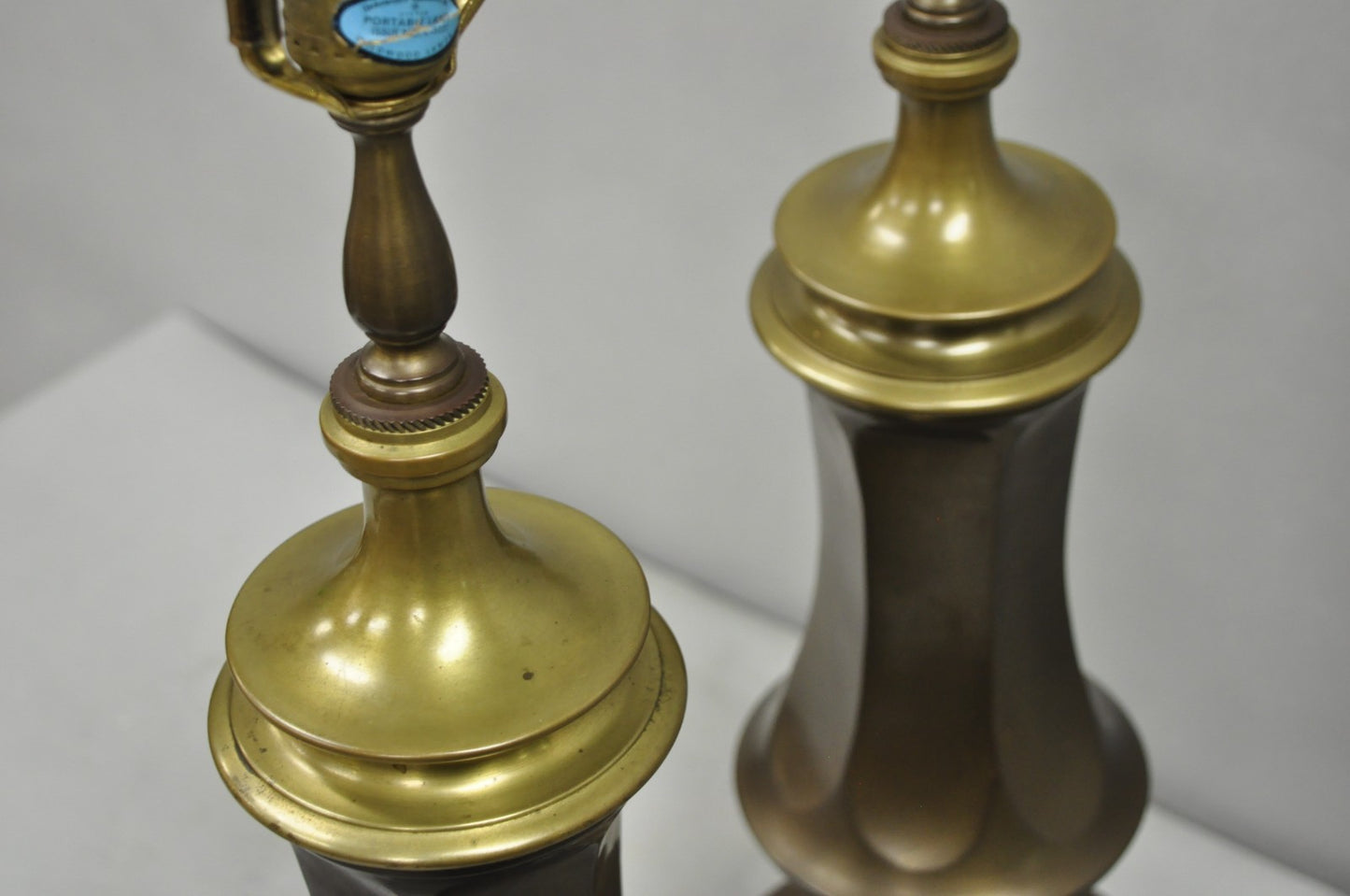 Vintage French Empire Patinated Bronze Brass Column Table Lamps by Wildwood Pair