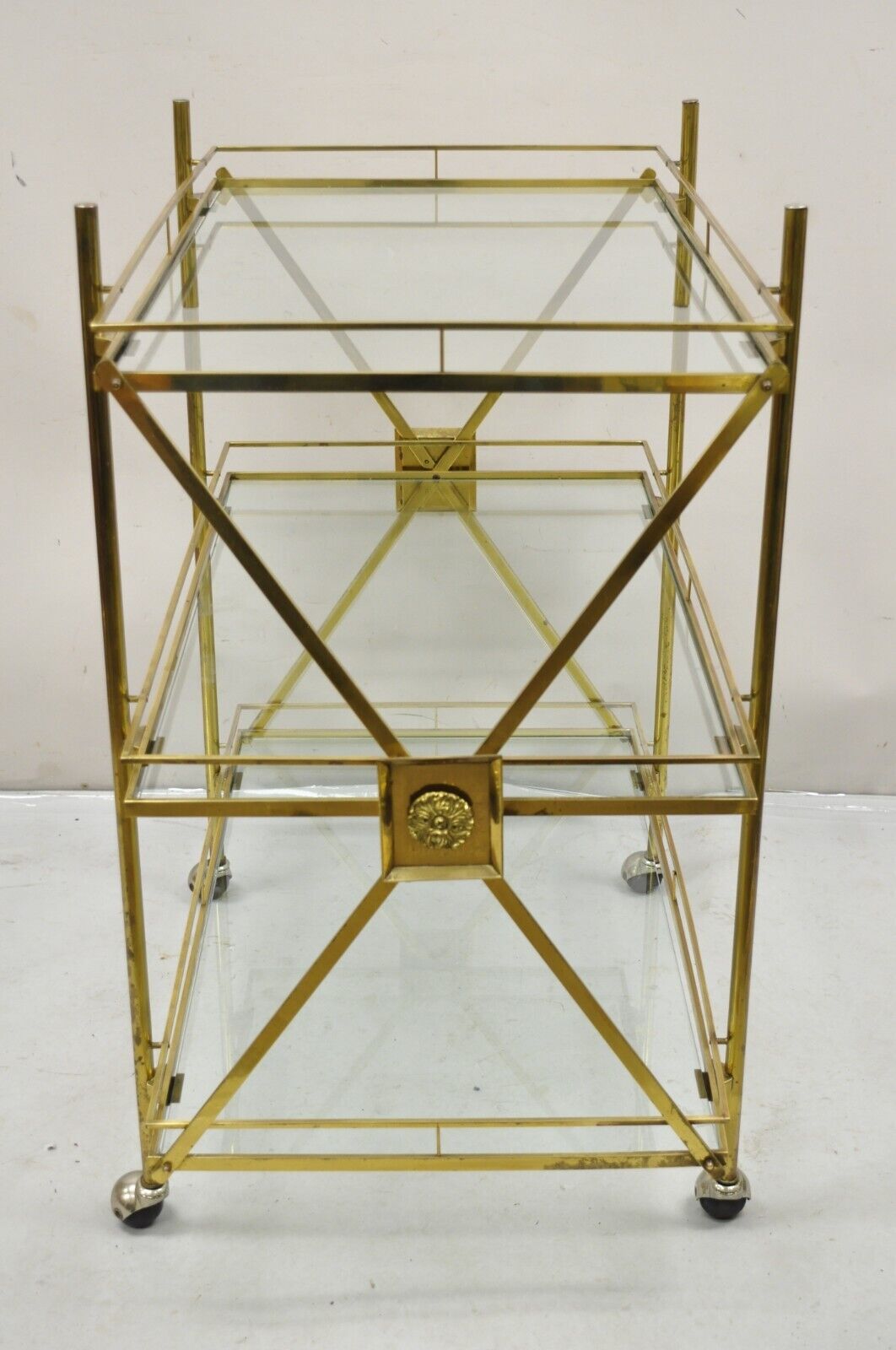 Mid Century Italian Modern 3 Tier Brass & Glass X-Frame Rolling Server Bar Cart