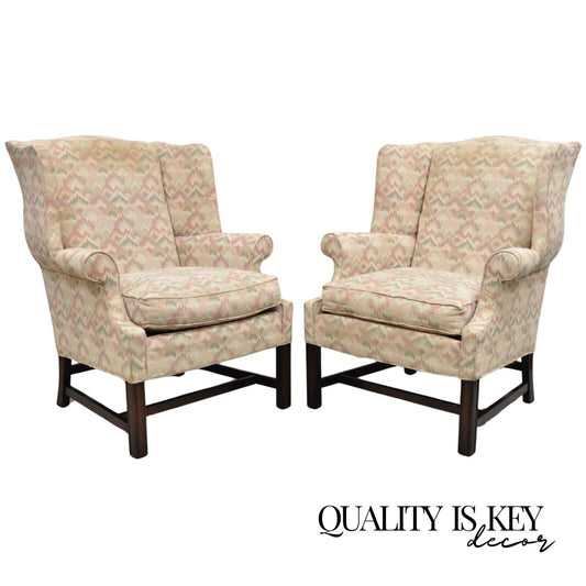 Frederick Edward Georgian Style Upholstered Wingback Lounge Arm Chairs - a Pair