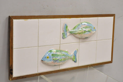 Vintage Mid Century Modern Glazed Ceramic Tile Framed Blue Green Fish Wall Art