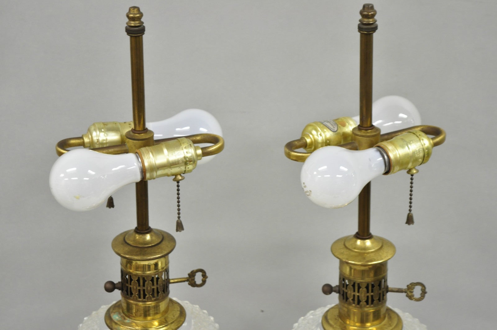 Vintage French Empire Brass & Crystal Glass Column "Oil Lamp" Table Lamps, Pair
