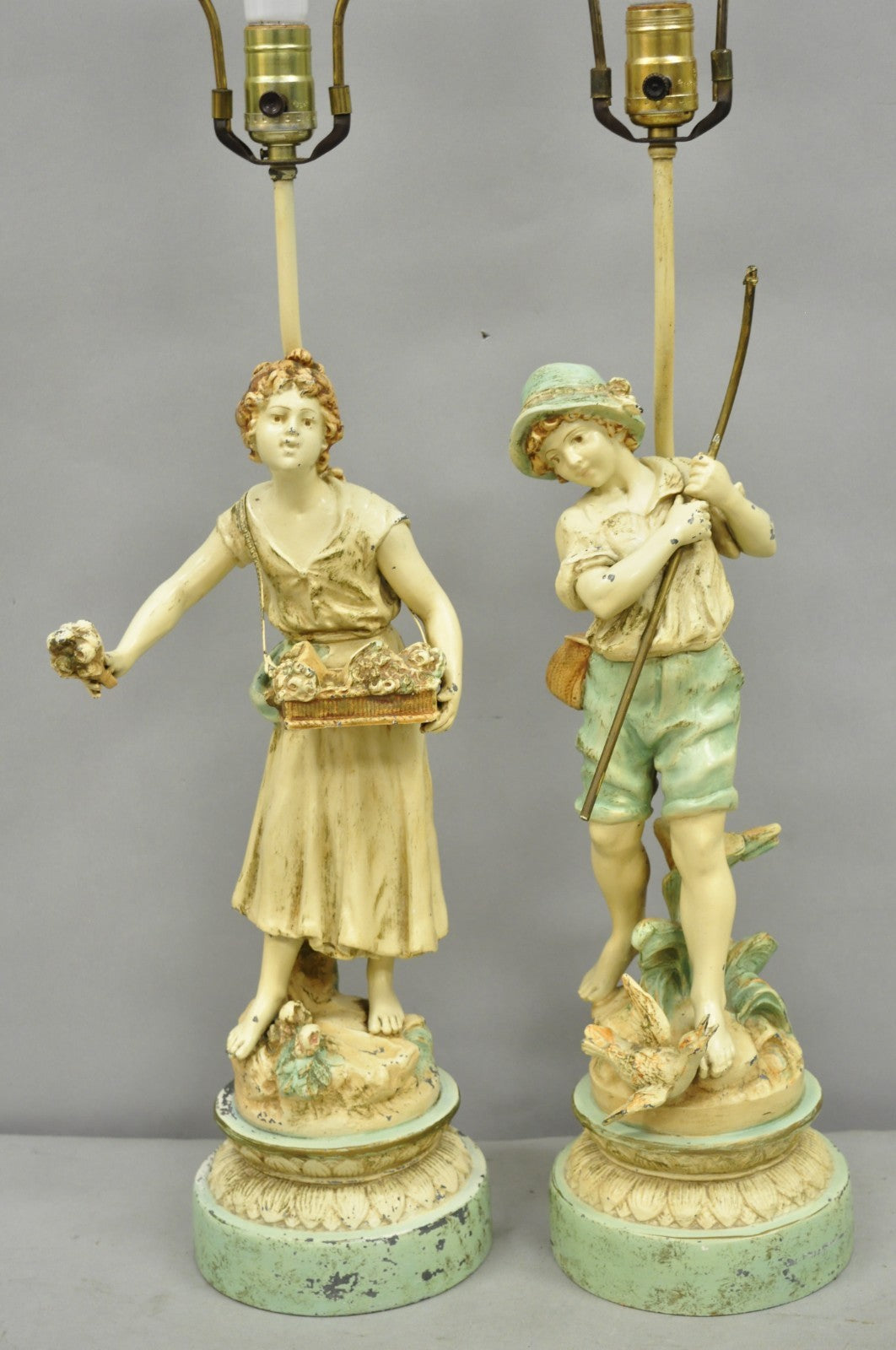Vintage French Renaissance Moreau Metal Boy and Girl Figural Table Lamp - a Pair