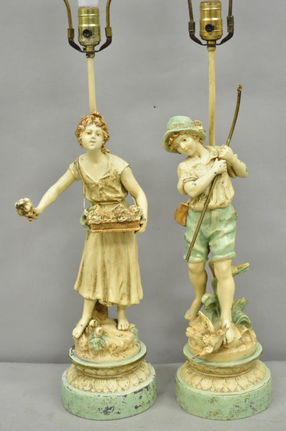Vintage French Renaissance Moreau Metal Boy and Girl Figural Table Lamp - a Pair