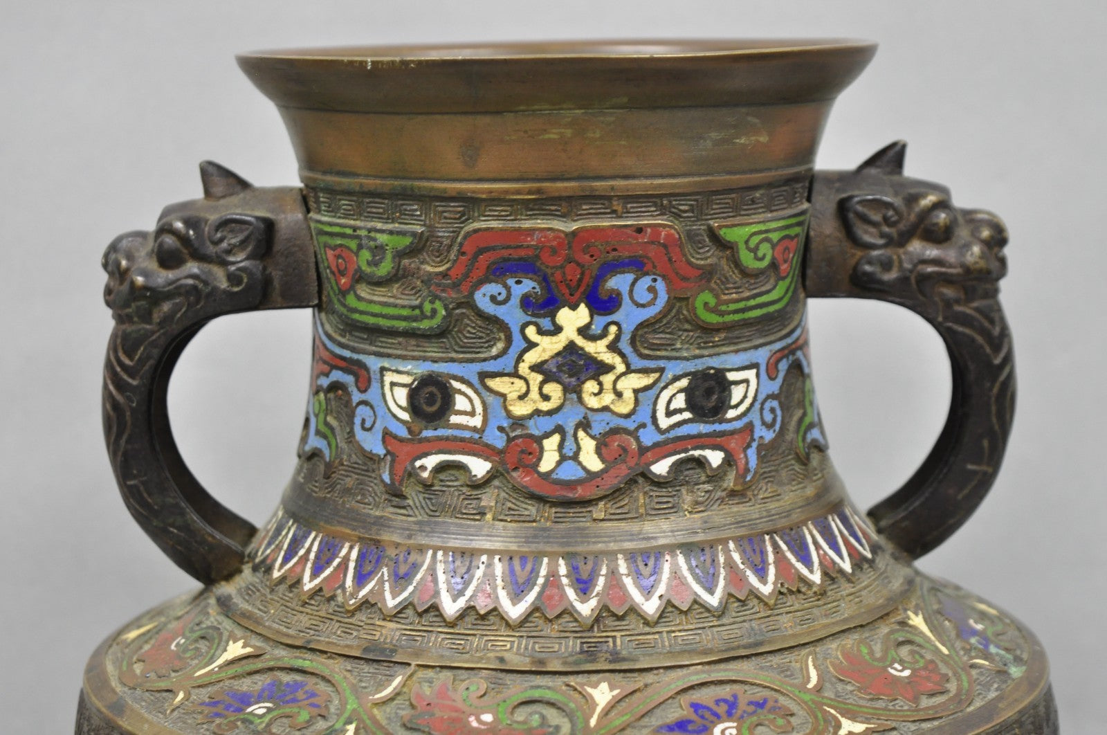 Antique Japanese Champleve Cloisonne Enamel Bronze Twin Handle 14" Vessel Vase