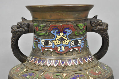 Antique Japanese Champleve Cloisonne Enamel Bronze Twin Handle 14" Vessel Vase