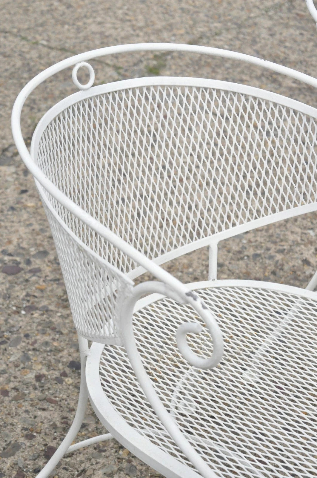 Vintage Hollywood Regency Scrolling Wrought Iron Barrel Back Patio Chairs Set 4