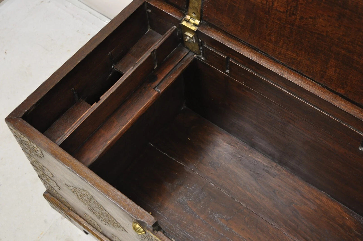 Antique Anglo Indian Oak Wood & Brass Mounted Syrian Coffer Blanket Chest Trunk