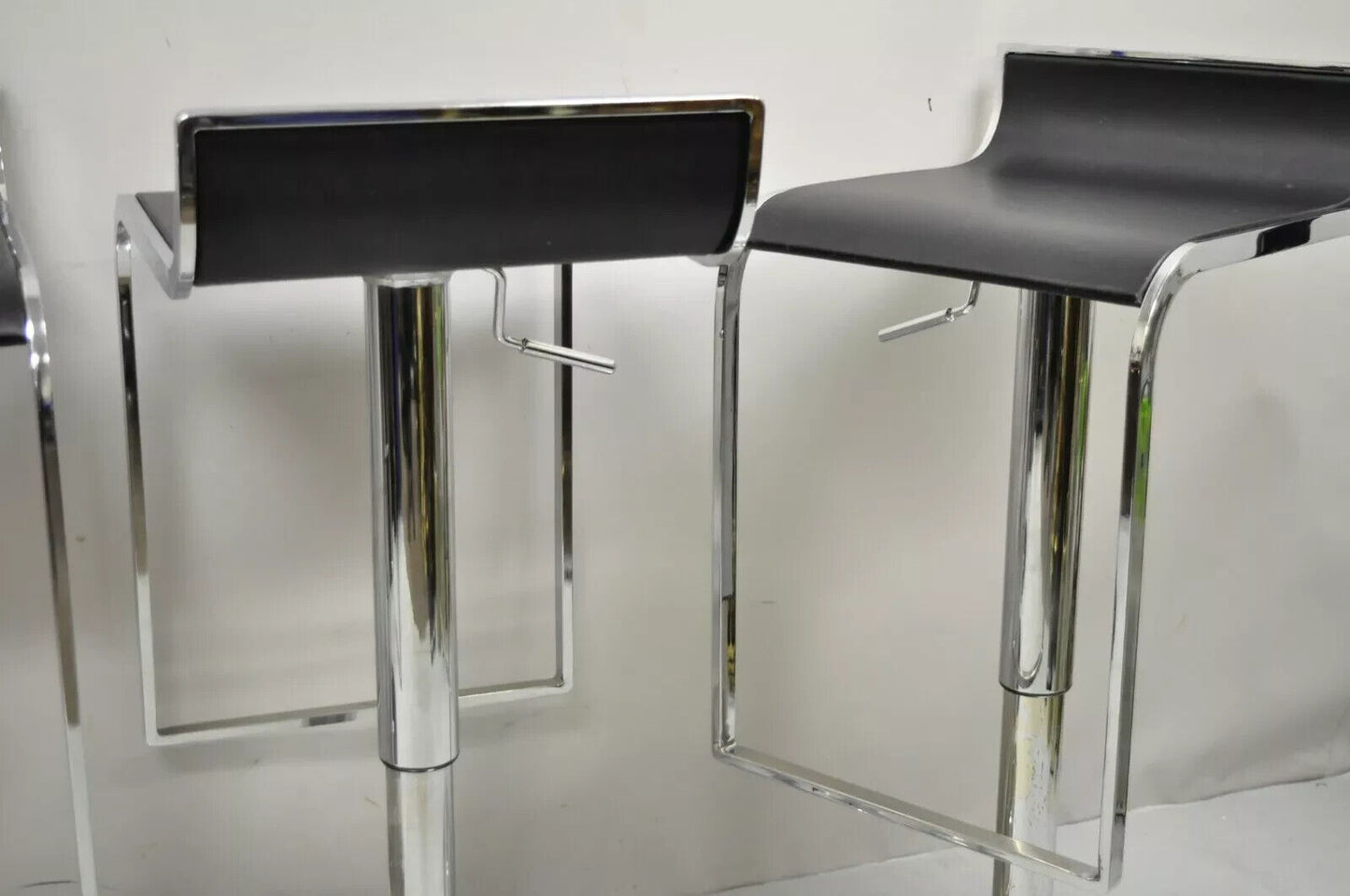 Modern Chrome and Steel Black Leather Adjustable Swivel Bar Stools - Set of 4