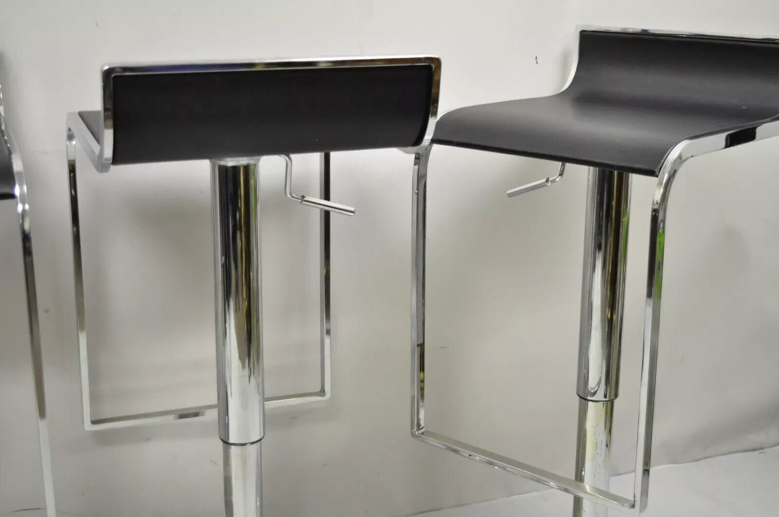 Modern Chrome and Steel Black Leather Adjustable Swivel Bar Stools - Set of 4