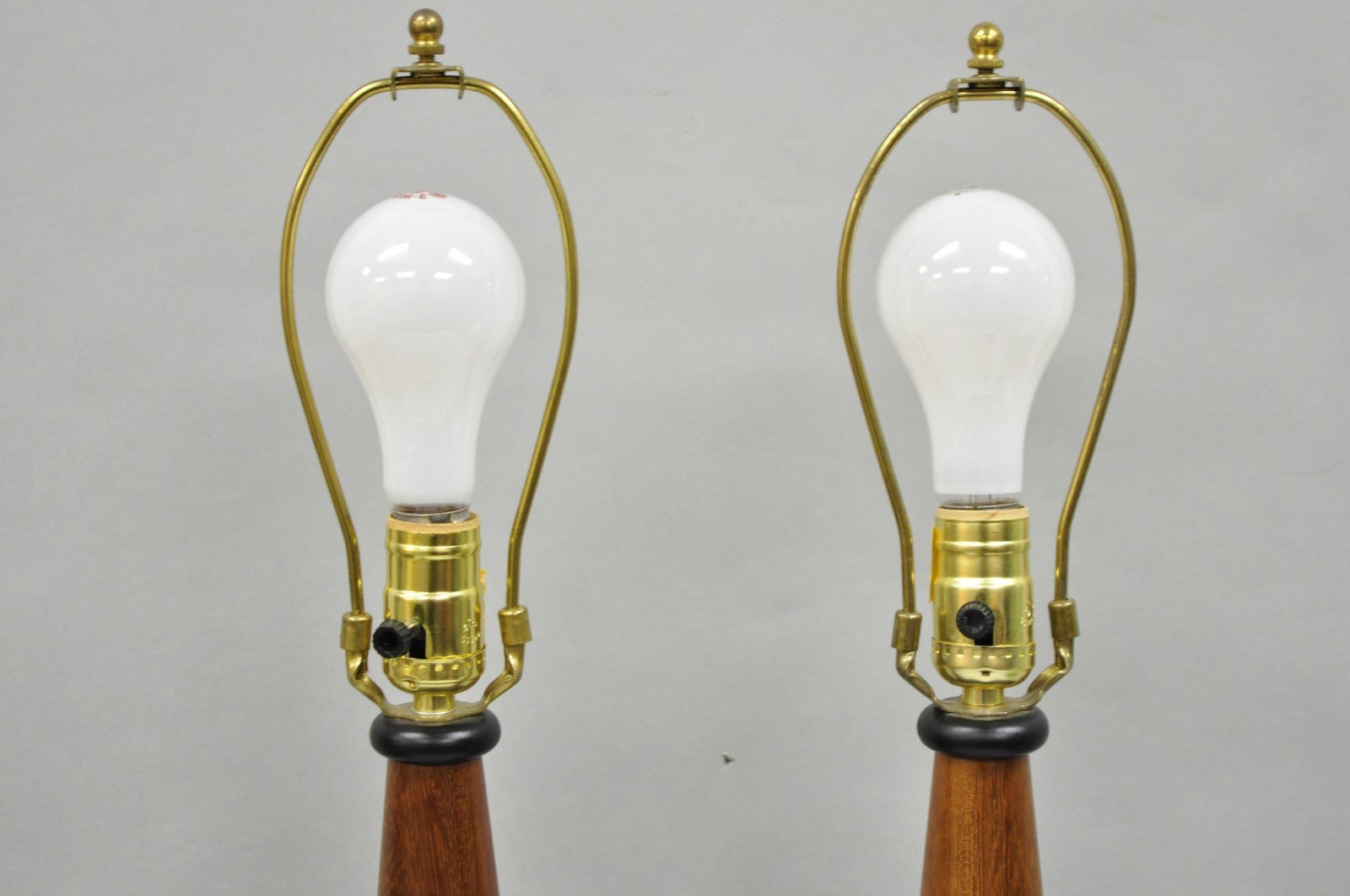 Vintage Mid Century Modern Staved Teak Wood Cone Shaped Table Lamps - a Pair
