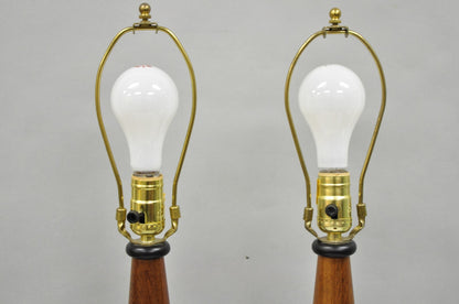 Vintage Mid Century Modern Staved Teak Wood Cone Shaped Table Lamps - a Pair