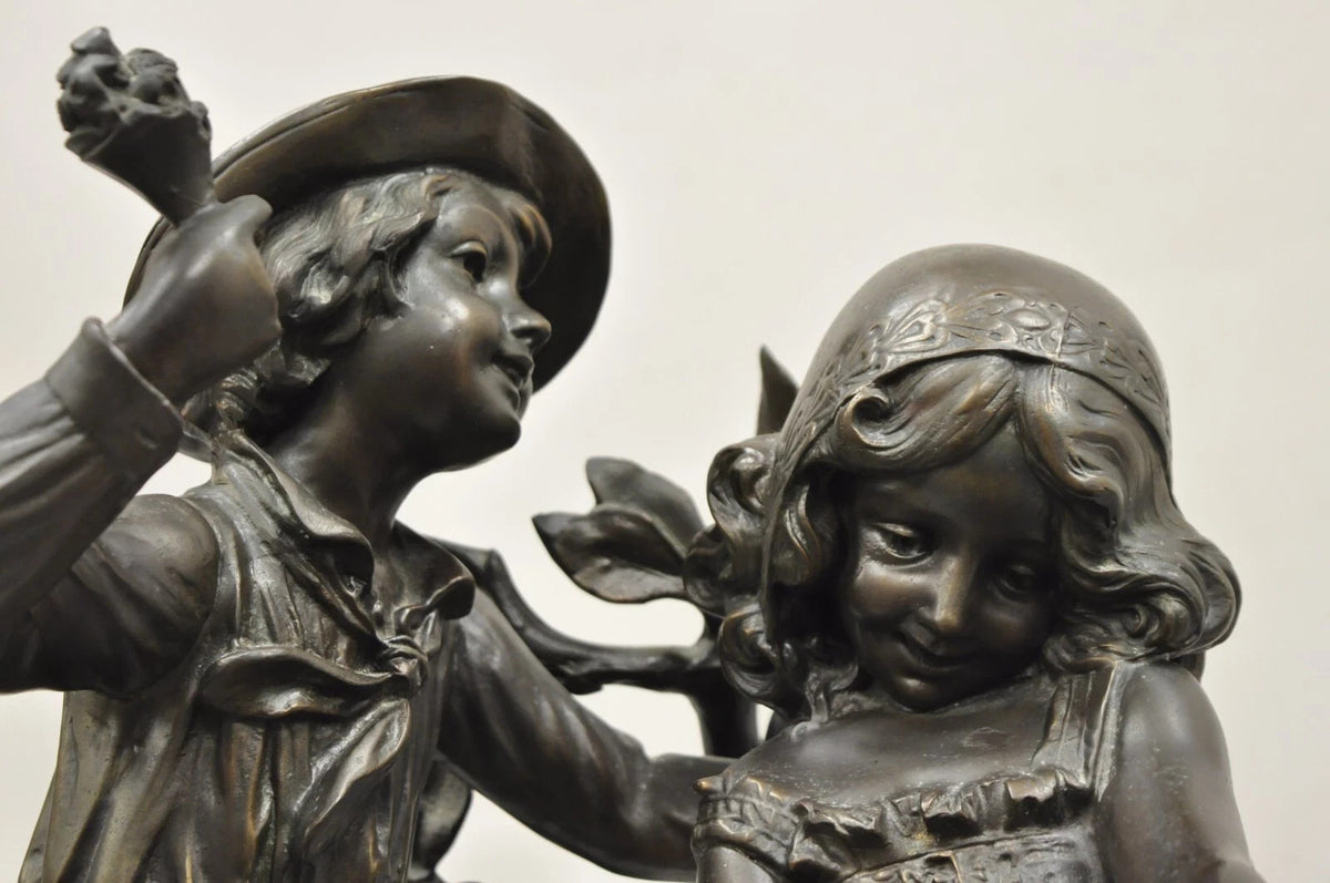 "Enjoue" after Auguste Moreau Victorian Bronze Boy and Girl Statue Sculpture