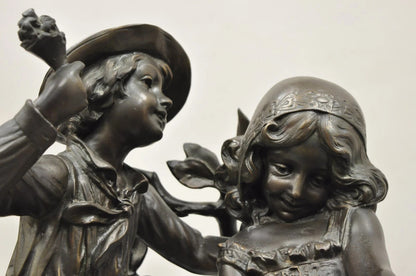"Enjoue" after Auguste Moreau Victorian Bronze Boy and Girl Statue Sculpture