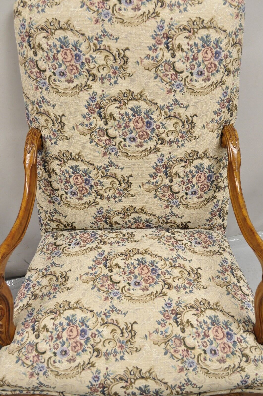 Pair French Country Style Carved Walnut Floral Upholstered High Back Arm Chairs