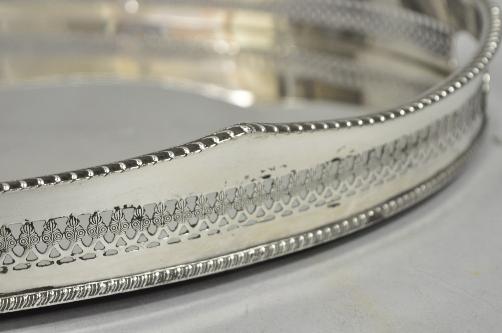 Antique English Edwardian Silver Plated Oval Bar Serving Tray w/ Raised Gallery