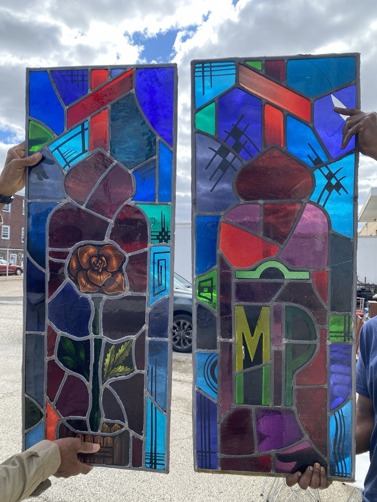 Vintage Art Deco Blue & Red Leaded Stained Glass Church Window w/ Cross - 6 Pcs