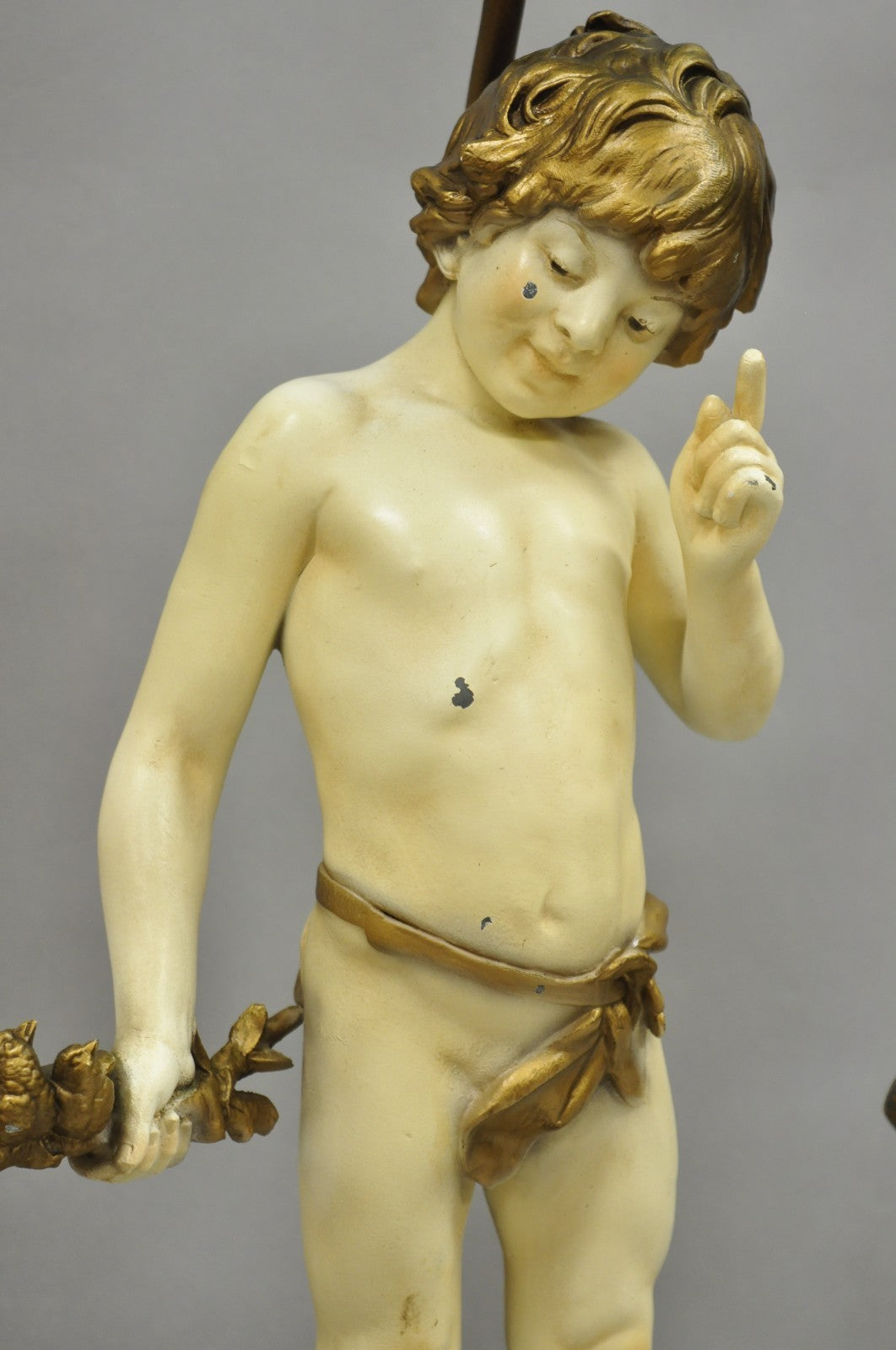 Antique French Moreau Figural Full Cherub Painted Metal Table Lamps - a Pair