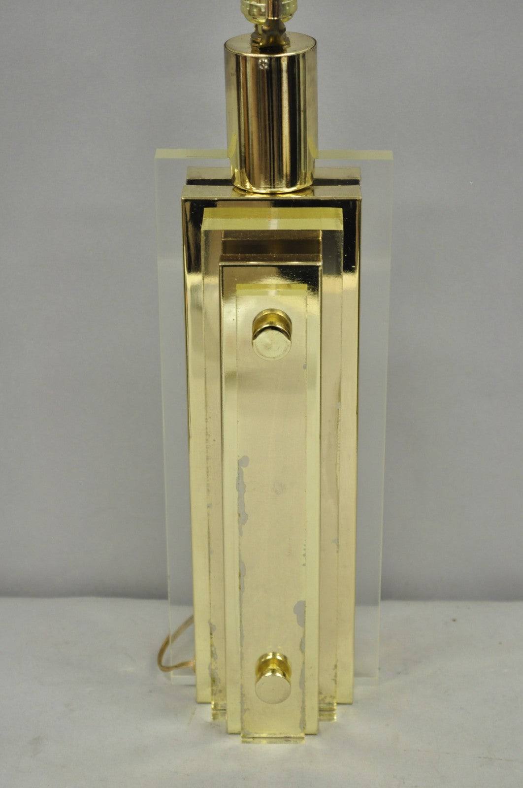 Vintage Mid Century Modern Lucite & Brass Cityscape Skyscraper Table Lamp