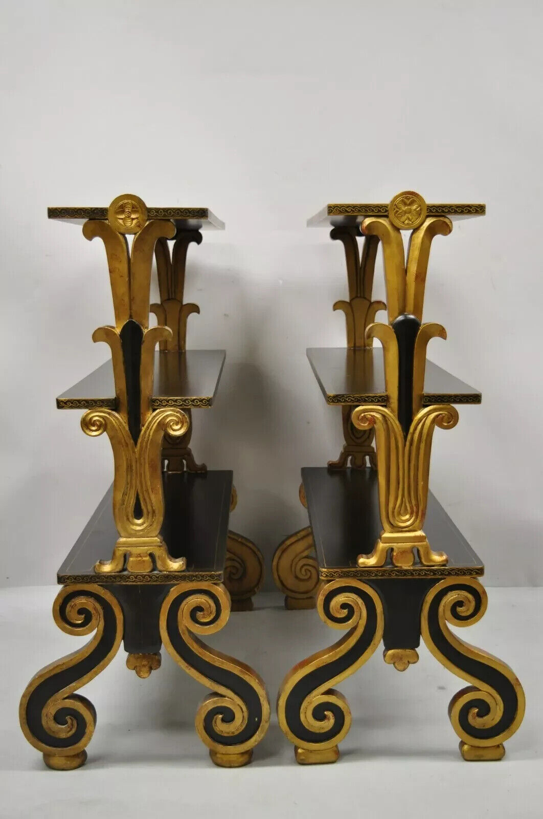 Regency Style Black & Gold 3 Tier Whatnot Stands Bookcase Shelf Curio - a Pair