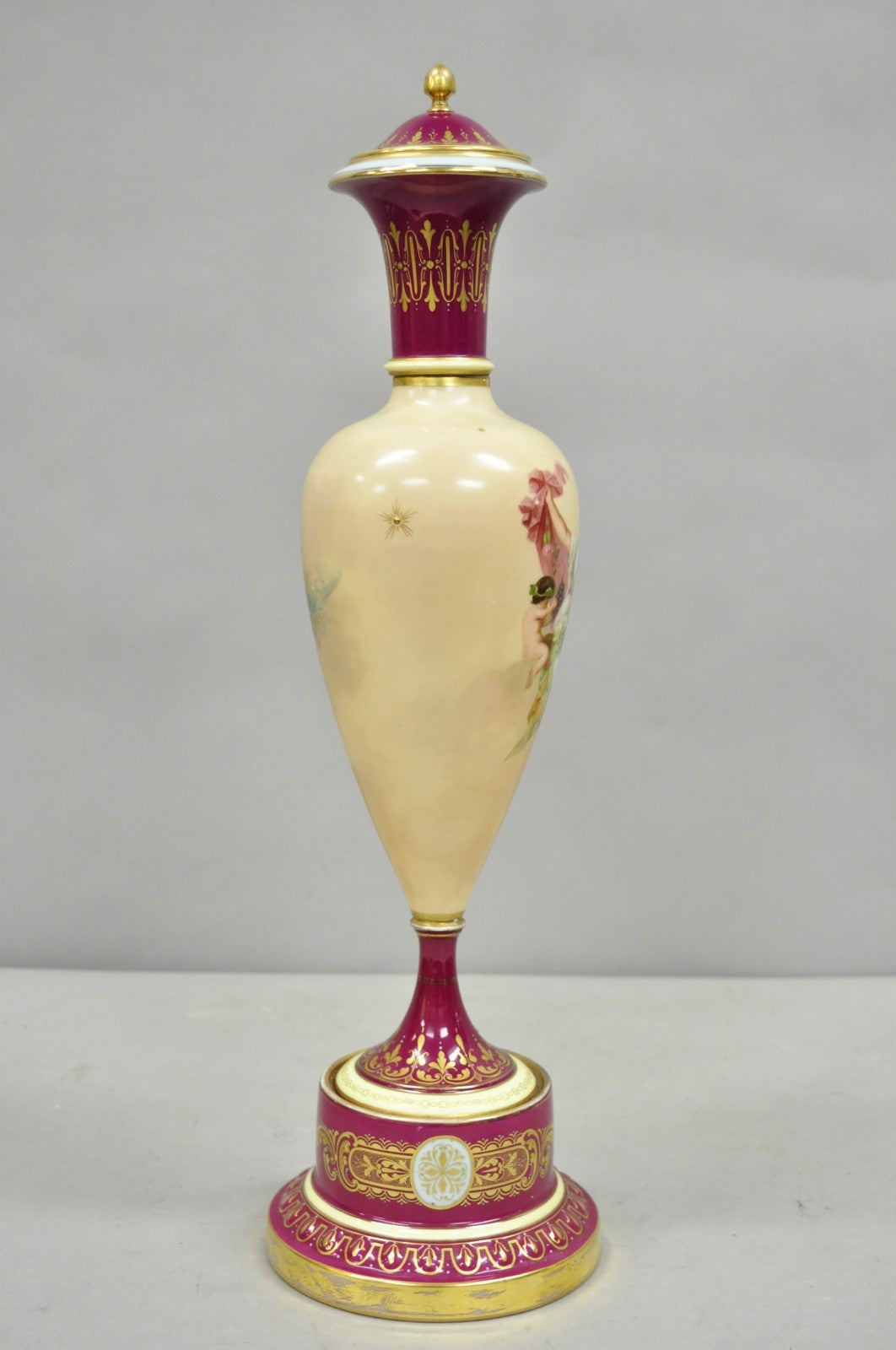 Antique Royal Vienna Austrian Porcelain 21" Hand Painted Red Urn Vase with Lid