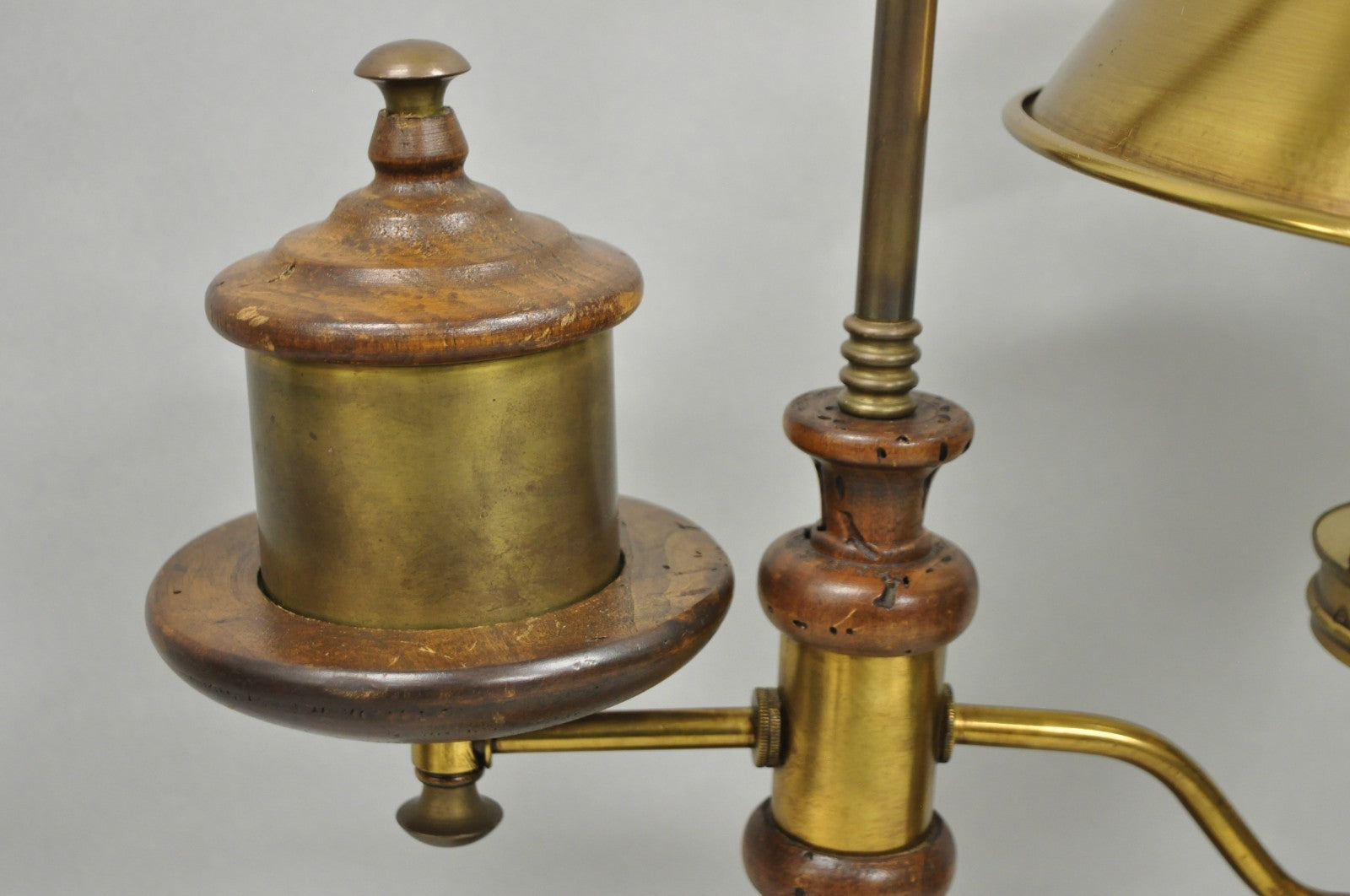 Vintage French Country Distressed Wood Brass Student Desk Lamp w/ Metal Shade
