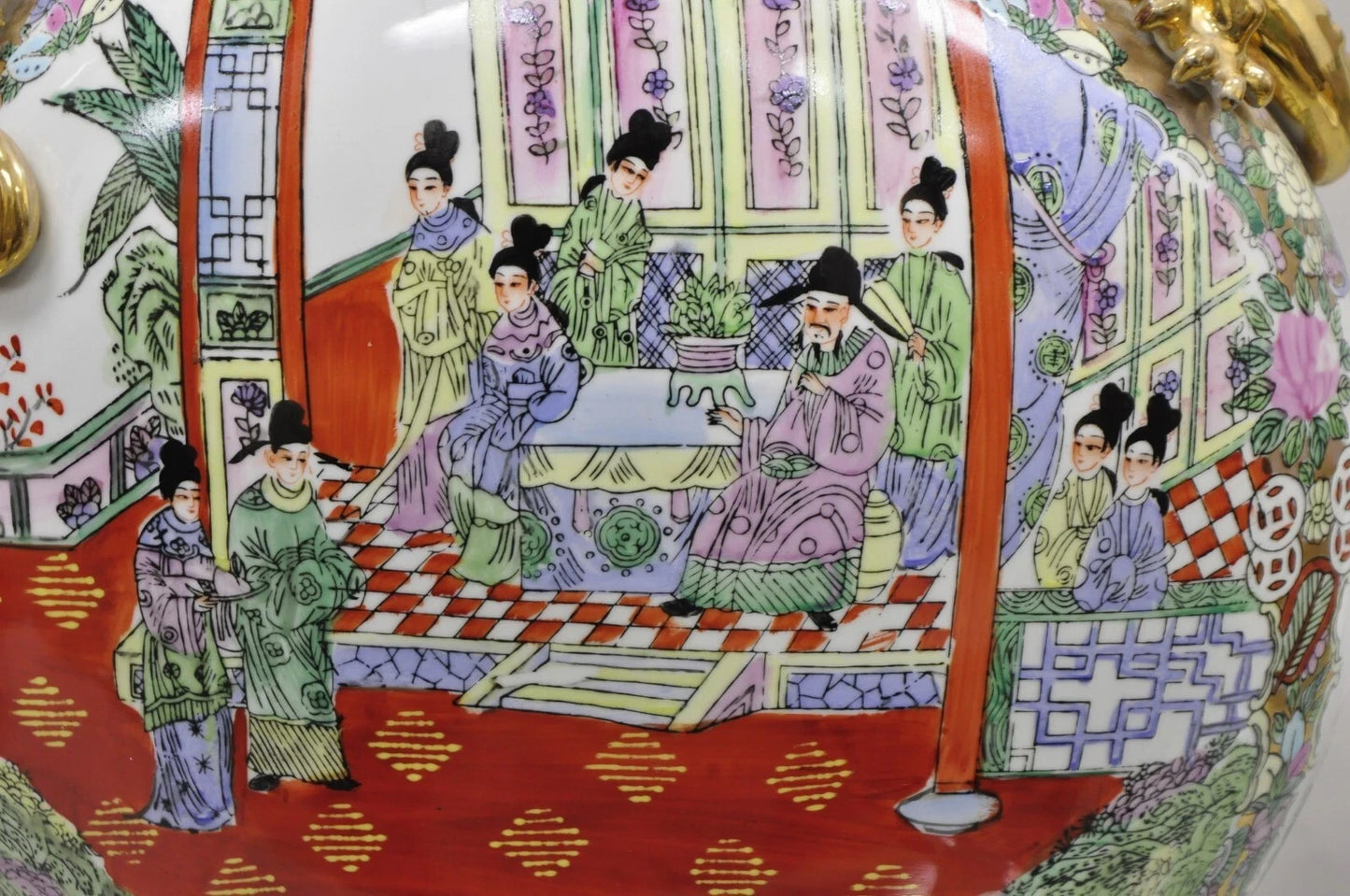 Vintage Chinese Famille Rose Porcelain Figural Orange Moon Flask Vase w/ Dragons