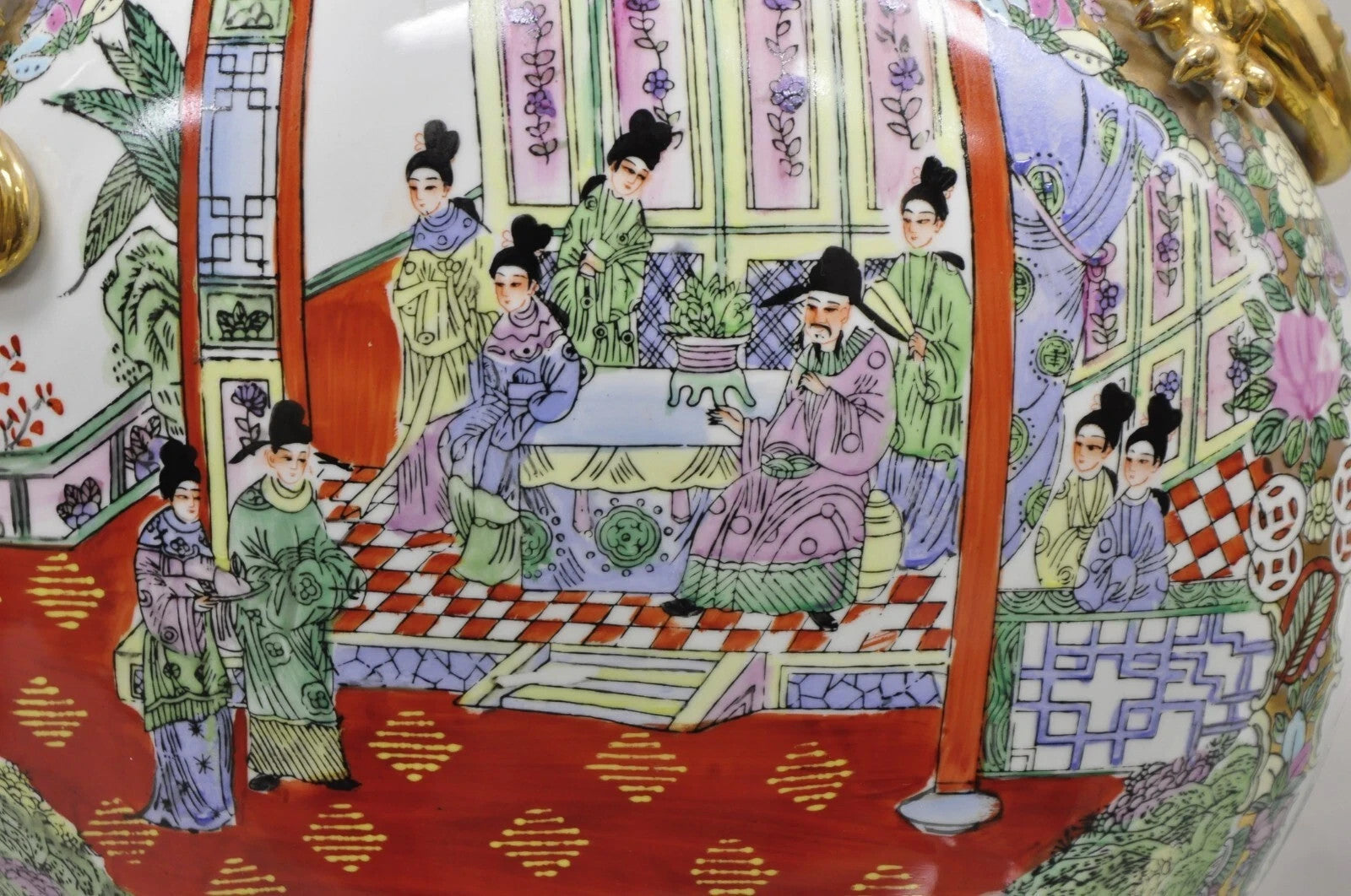 Vintage Chinese Famille Rose Porcelain Figural Orange Moon Flask Vase w/ Dragons