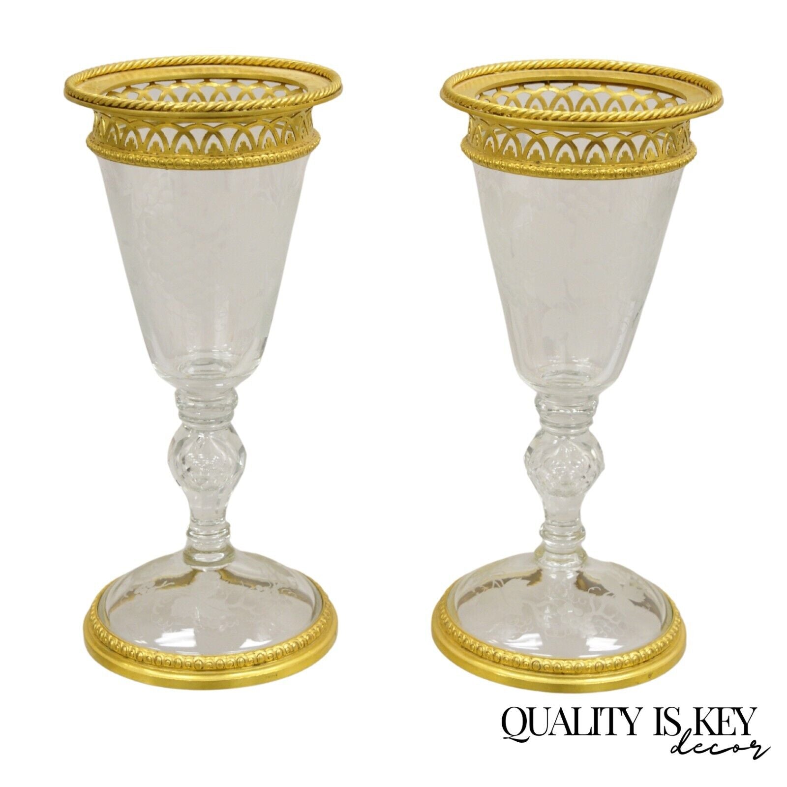 Antique French Louis XV Style Gold Gilt Bronze Crystal Glass Stem Goblet - Pair