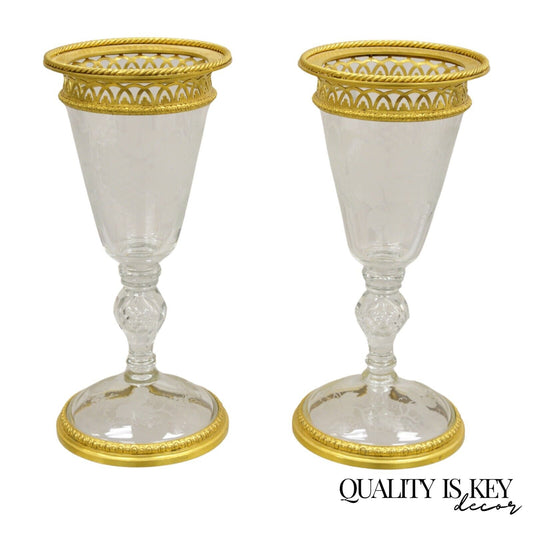 Antique French Louis XV Style Gold Gilt Bronze Crystal Glass Stem Goblet - Pair