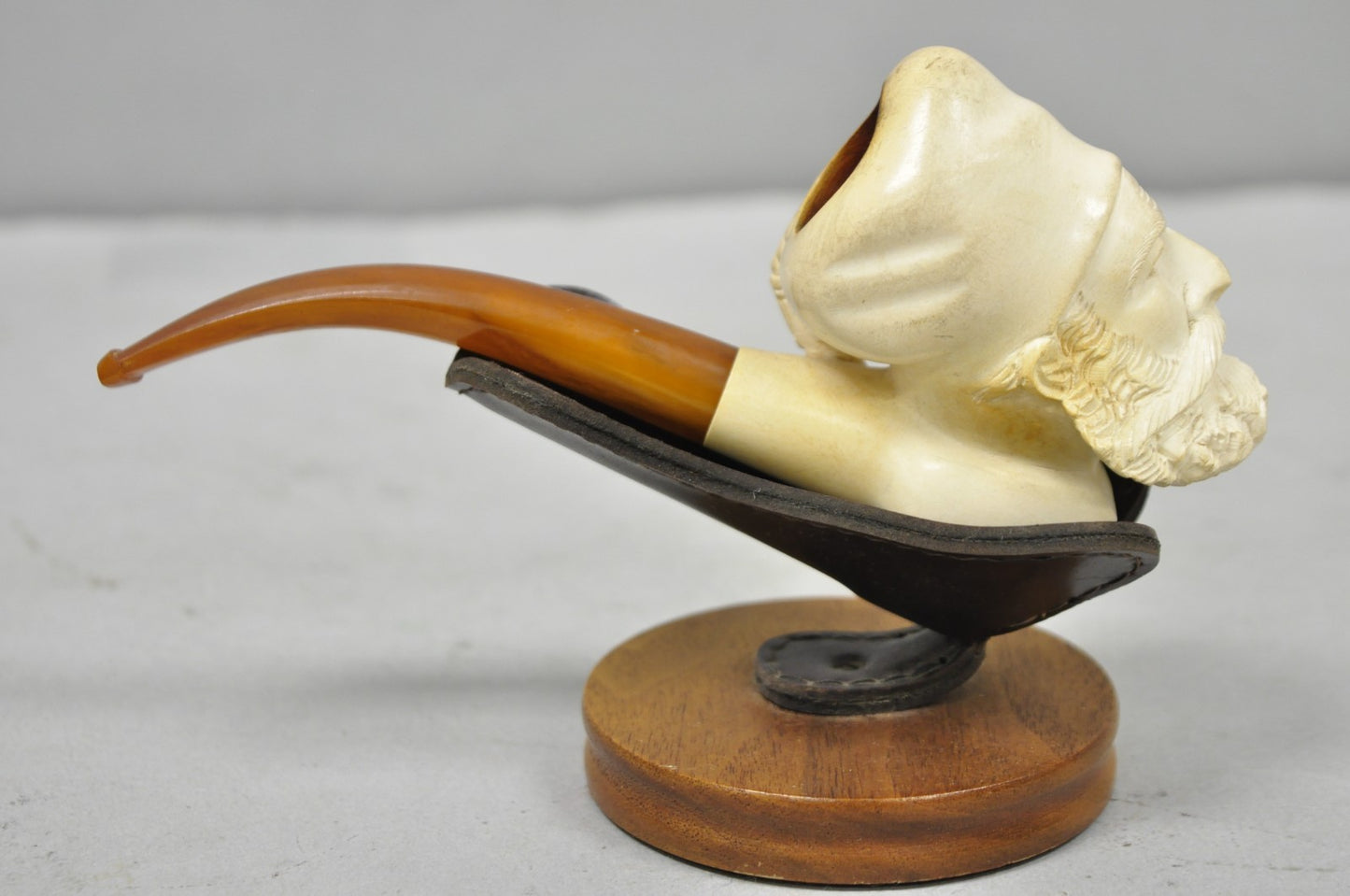 Vintage Turkish Meerschaum Figural Hand Carved Bearded Man Pipe on Walnut Stand