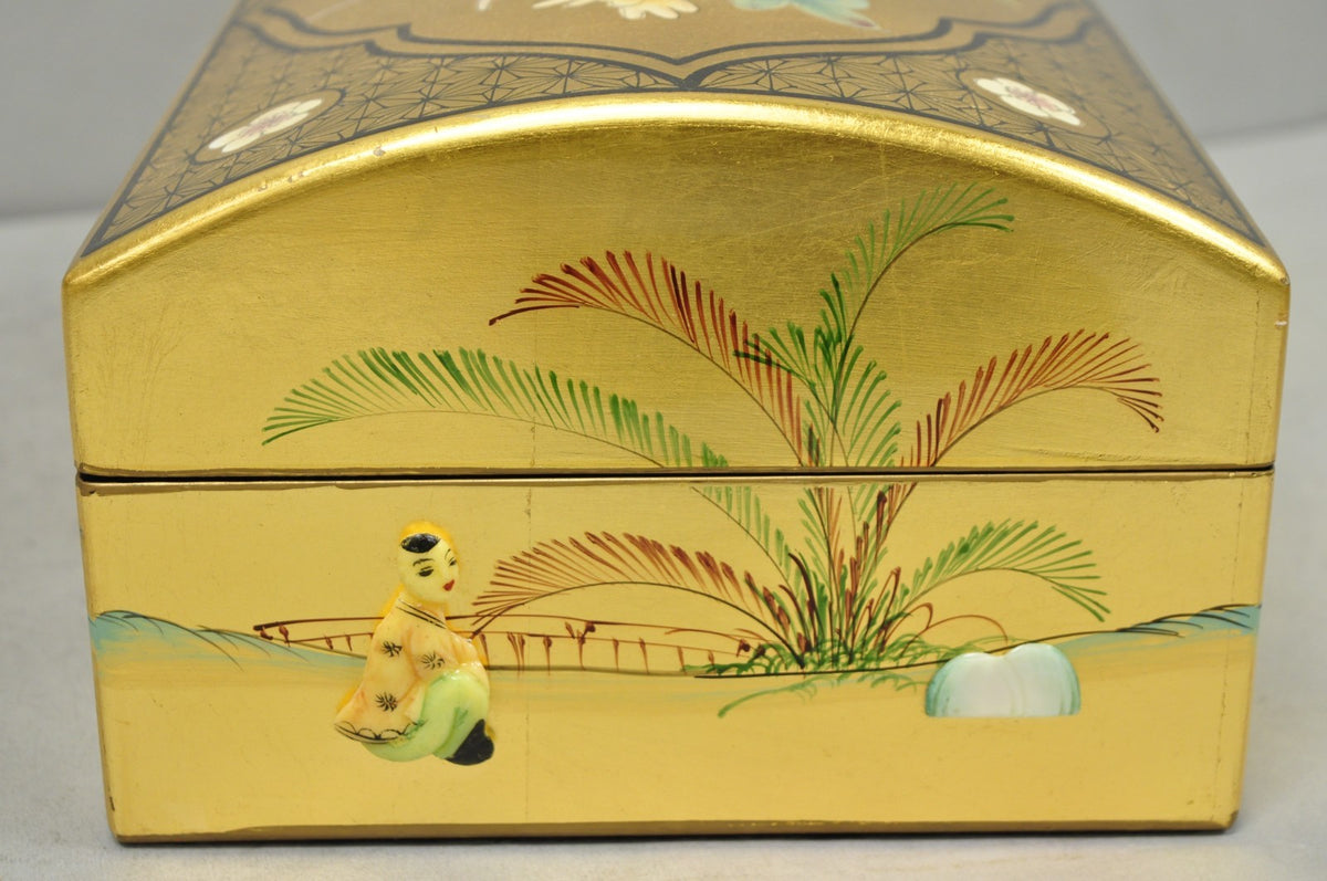 Vintage Chinese Oriental Gold Leaf Dome Lid Jewelry Box w/ Soapstone Figures