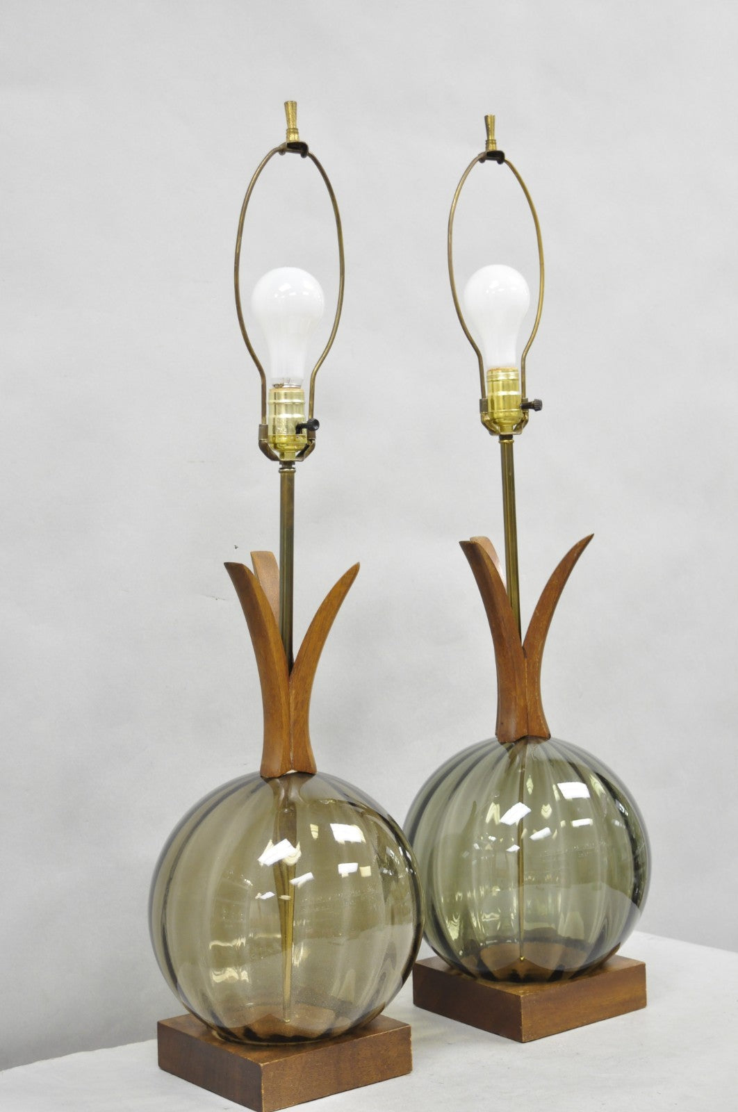 Vintage Mid Century Modern Ribbed Smoked Glass Orb Pineapple Table Lamps - Pair