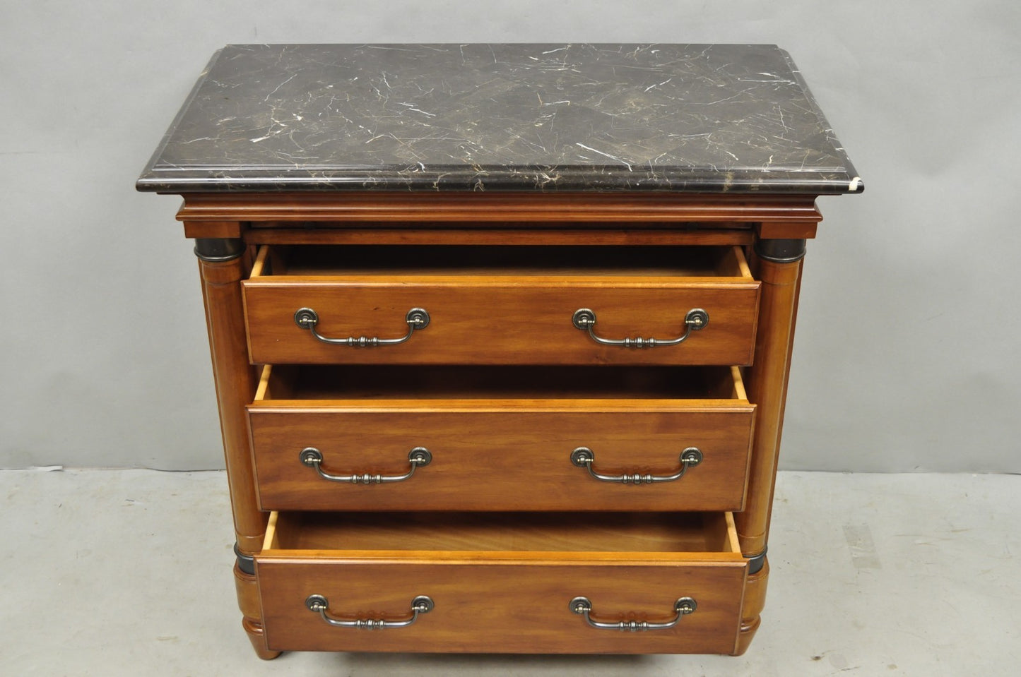 Kincaid French Country Cherry Wood 3 Drawer Marble Top Nightstand Bedside Table