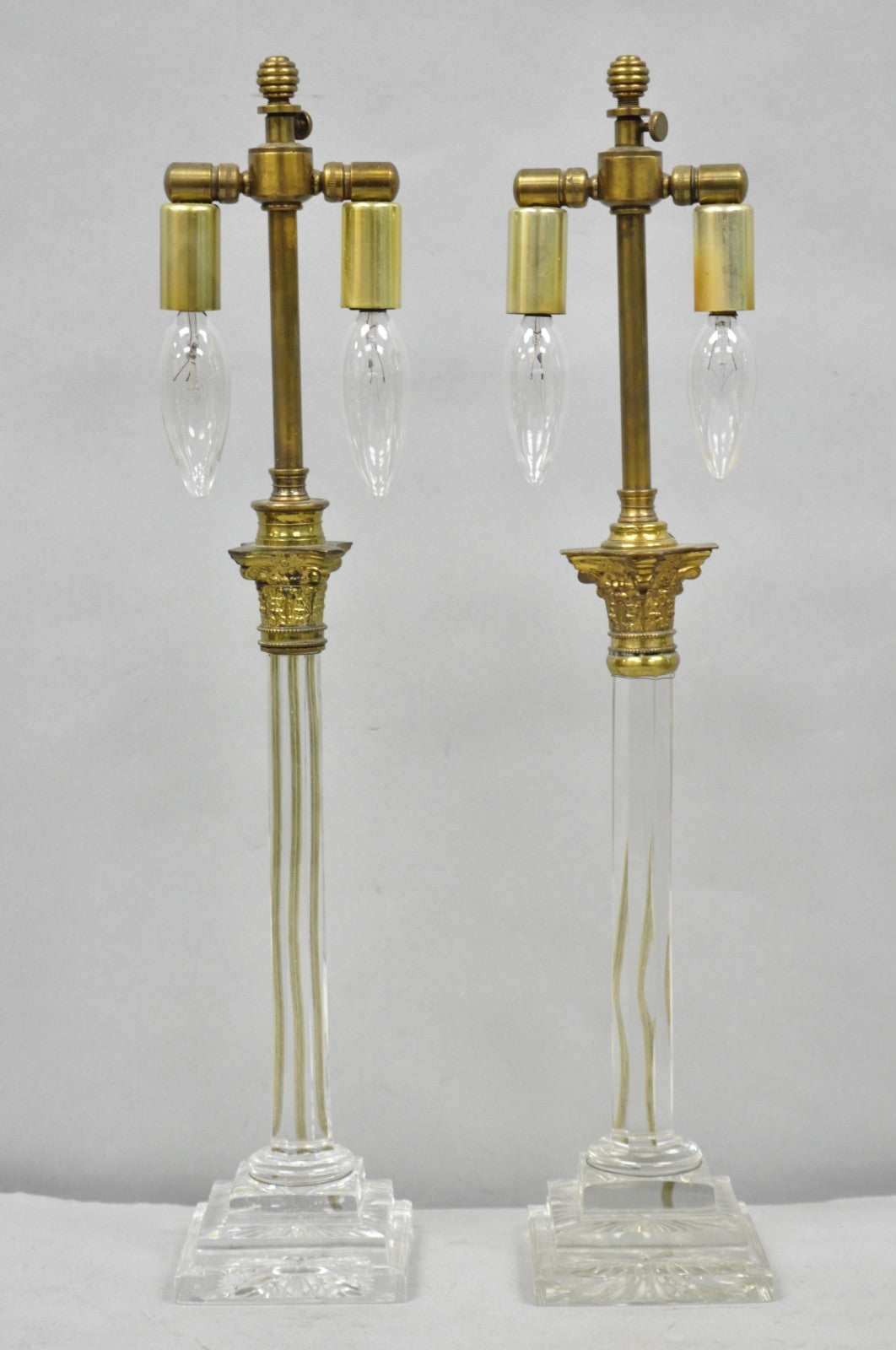 Antique Brass Corinthian Column Crystal Glass Candlestick Small Table Lamps Pair
