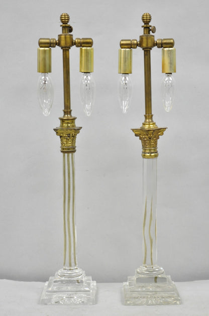 Antique Brass Corinthian Column Crystal Glass Candlestick Small Table Lamps Pair