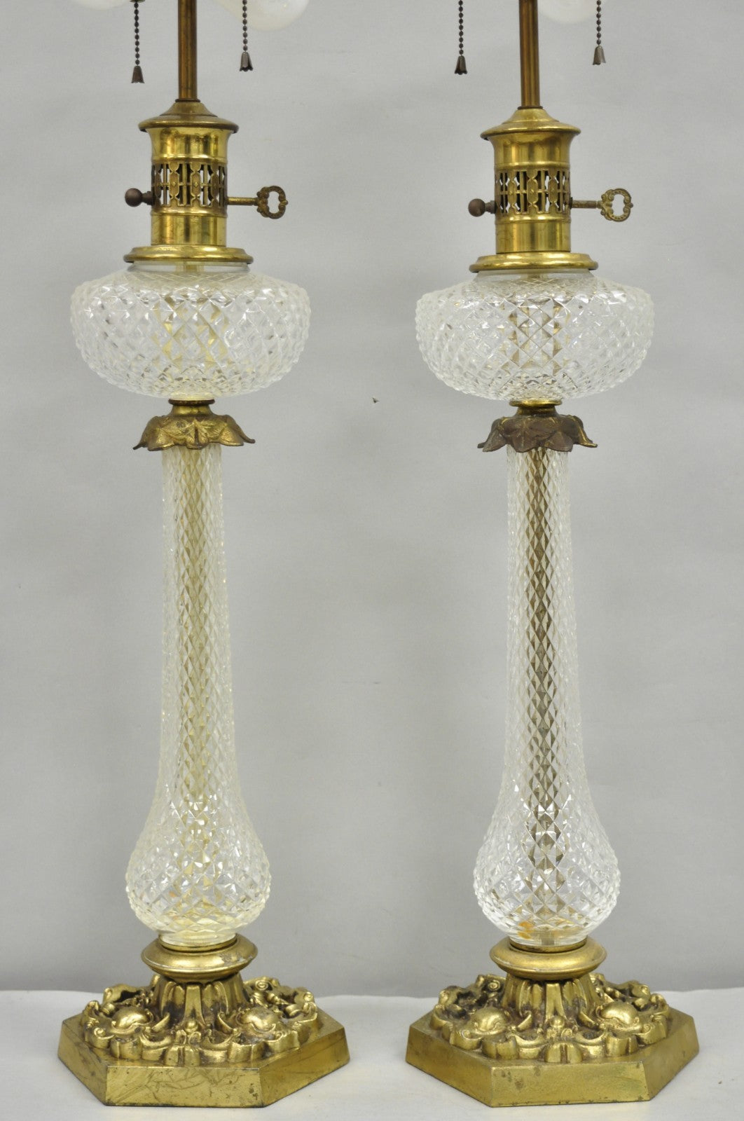 Vintage French Empire Brass & Crystal Glass Column "Oil Lamp" Table Lamps, Pair