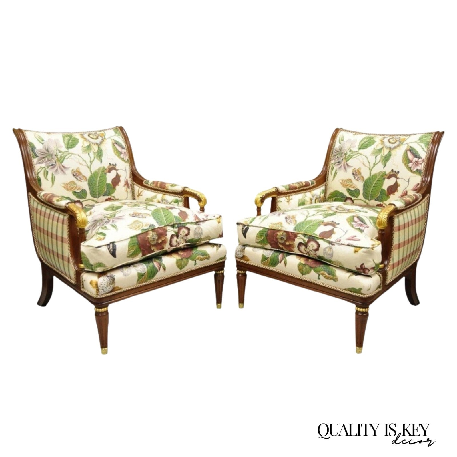 Vintage French Regency Style Floral Print Mahogany Bergere Lounge Chairs - Pair