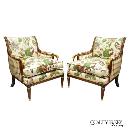 Vintage French Regency Style Floral Print Mahogany Bergere Lounge Chairs - Pair