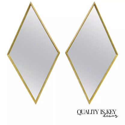 Hollywood Regency Diamond Shaped Deep Wood Frame Gold Leaf Wall Mirrors - Pair