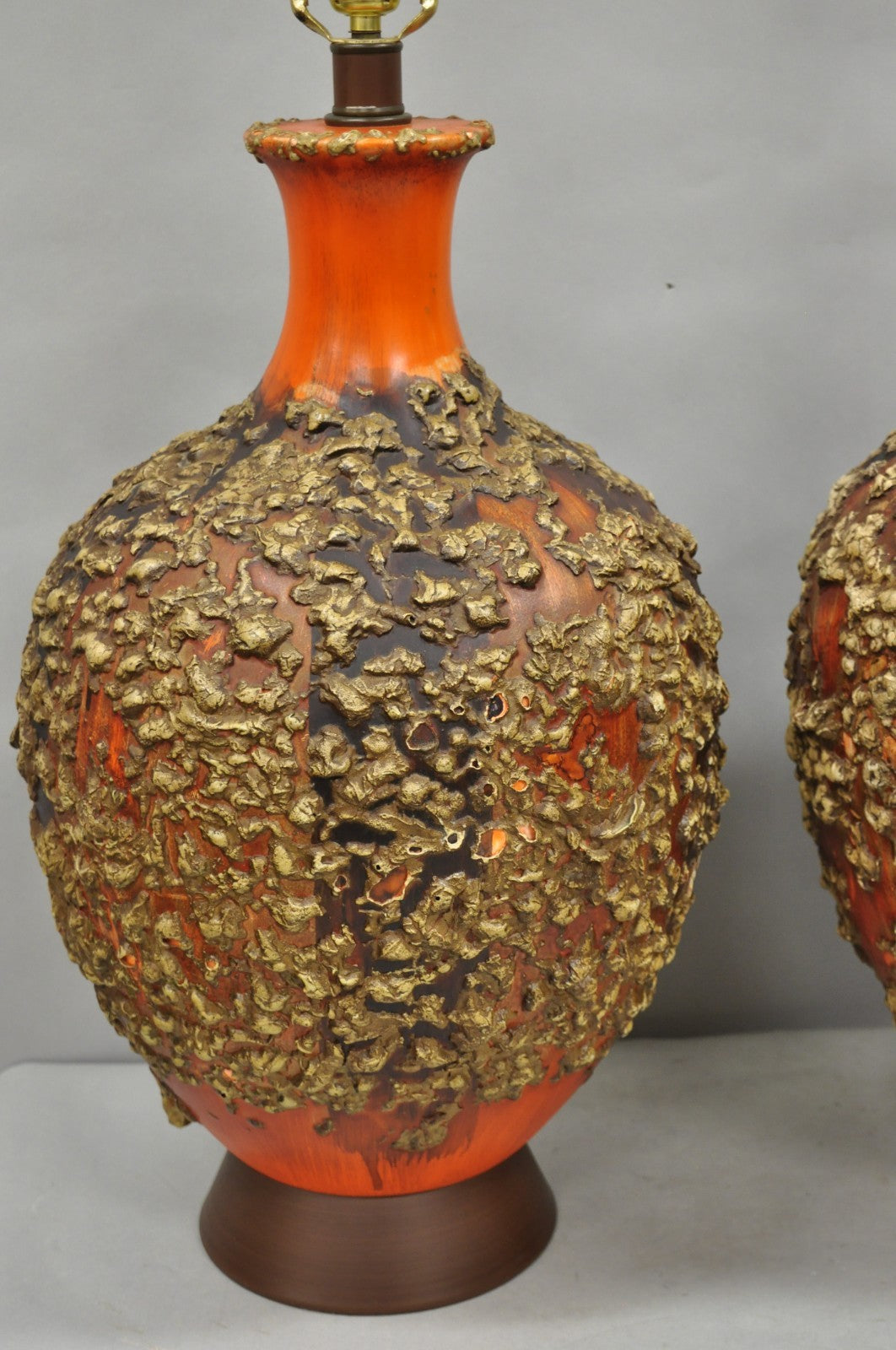 Vintage Mid Century Modern Orange Drip Lava Glaze Large Pottery Table Lamp Pair